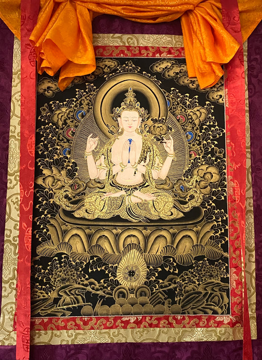 Handmade Chenrezig (Chengrechi) Thangka – The Bodhisattva of Compassion (GOLD PLATED)